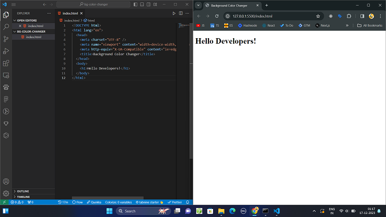 html boilerplate code is running in chrome browser and showing a heading called hello developers