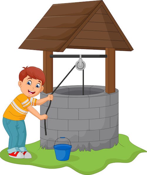 A man pulling water from a well using a bucket tied with rope.