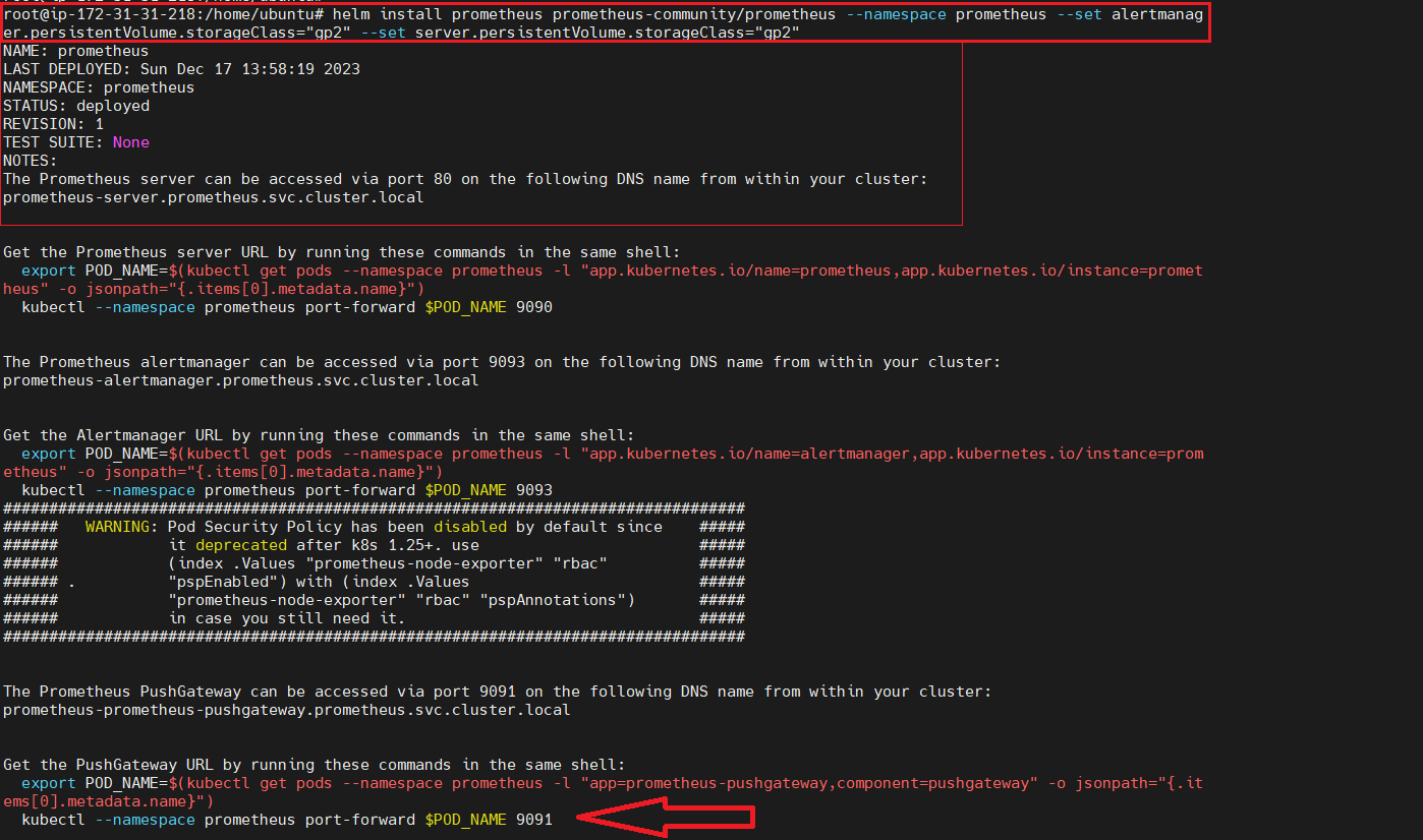 Output for Prometheus Installation. Prometheus port = 9091