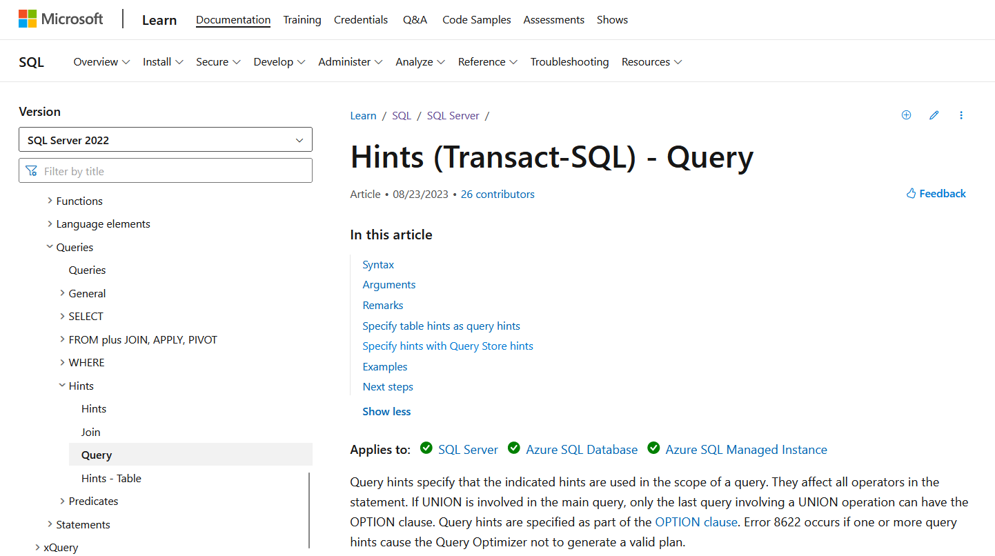 Detailed overview of Query Hints in T-SQL