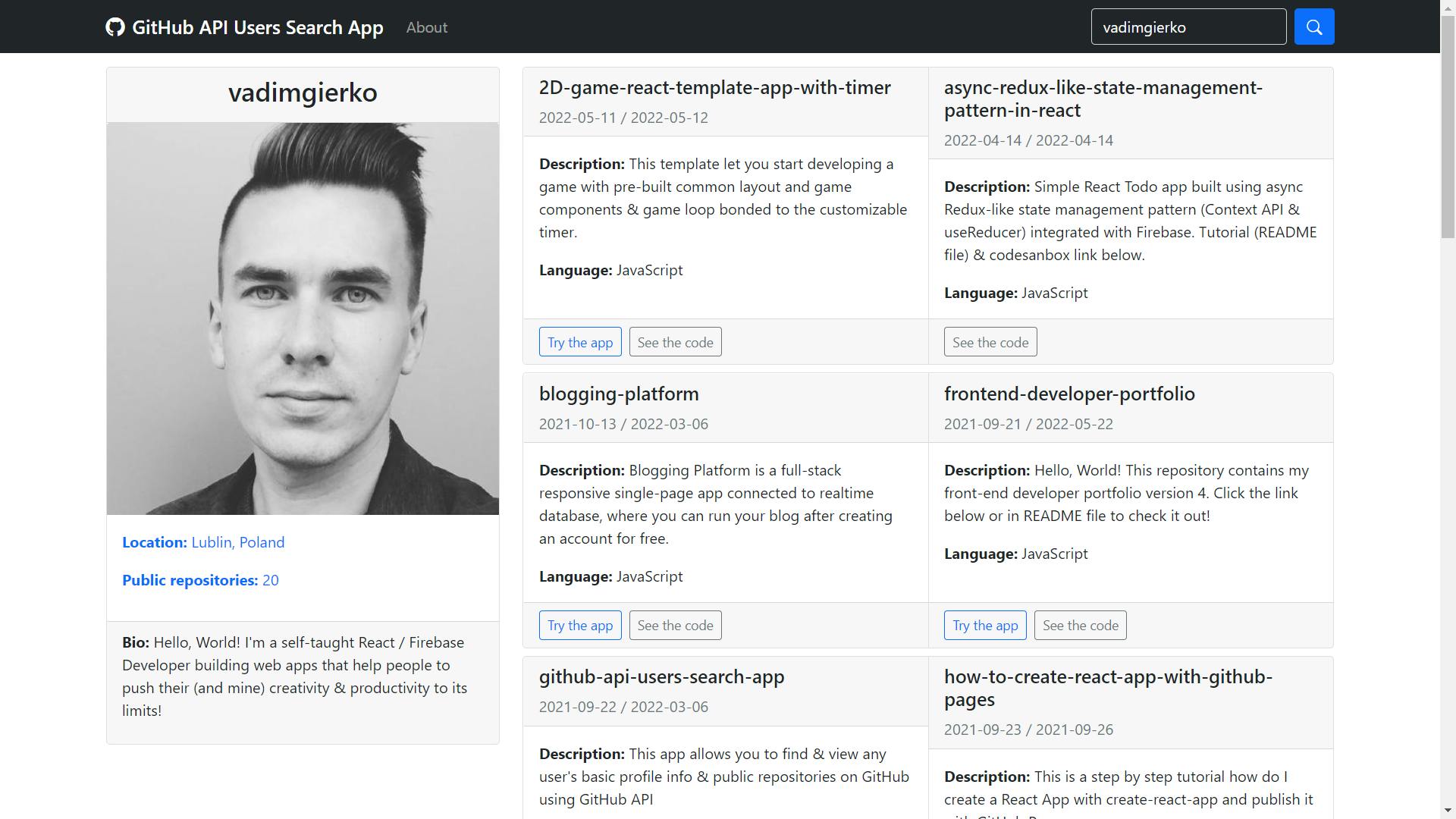 Profile Page using GitHub API