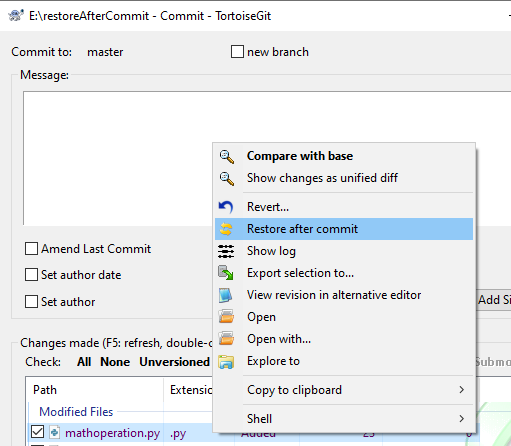 Hidden gem named Restore after commit