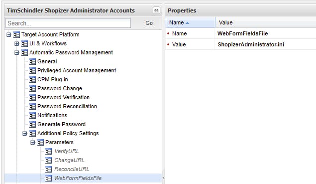 A screenshot of the platform settings in the PVWA showing the WebFormFieldsFile and it's value of ShopizerAdministrator.ini