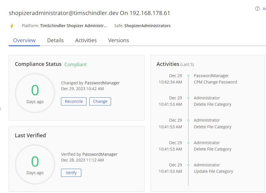 A screenshot of the shopizeradministrator@timschindler.dev account details in the PVWA showing Change was successful