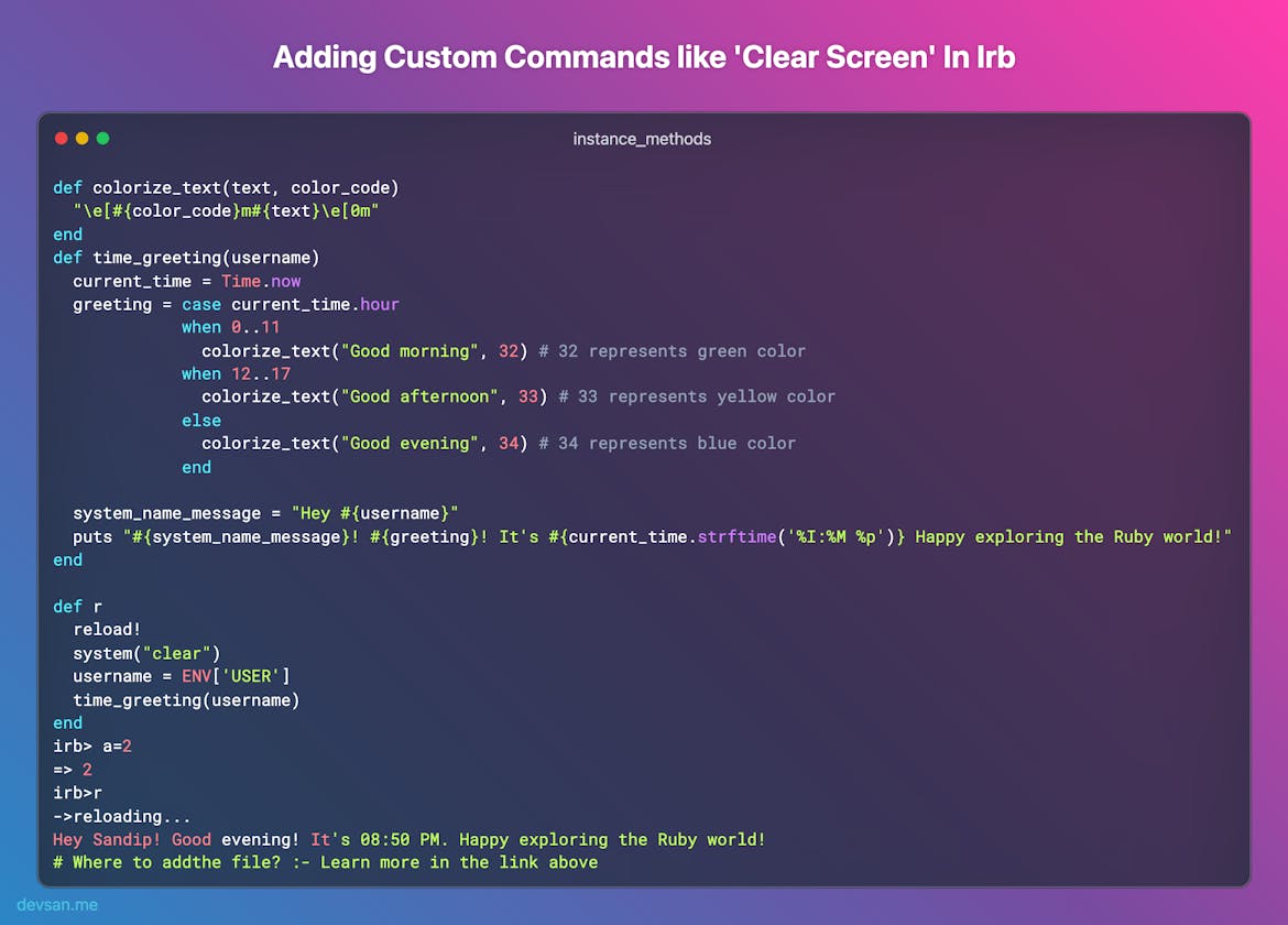Adding Custom Commands like 'Clear Screen' In Irb