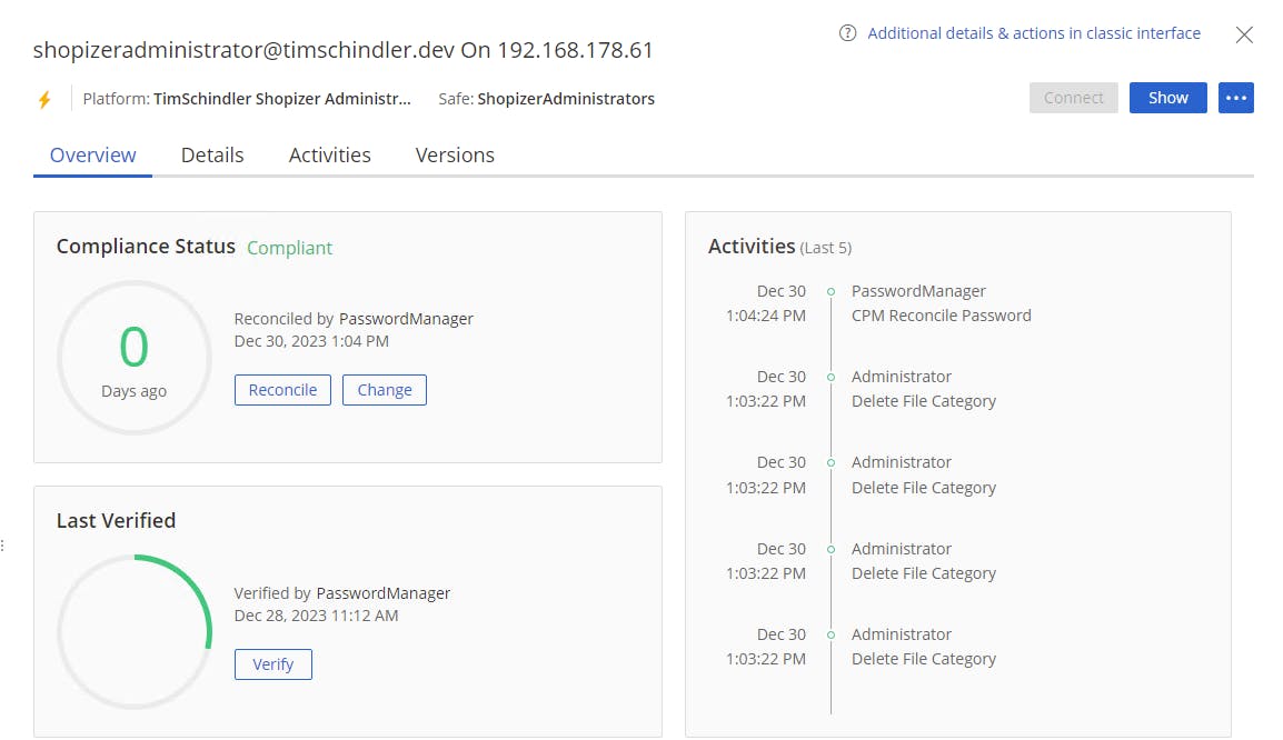 A screenshot of the shopizeradministrator@timschindler.dev account details in the PVWA showing Reconcile was successful