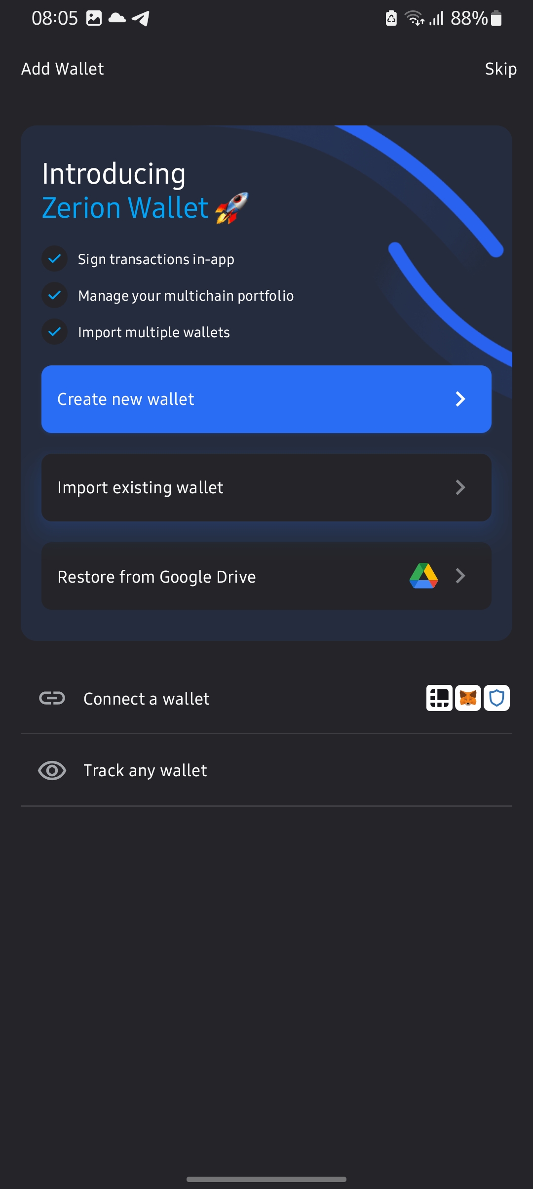 List of options Zerion provides for setting up your wallet