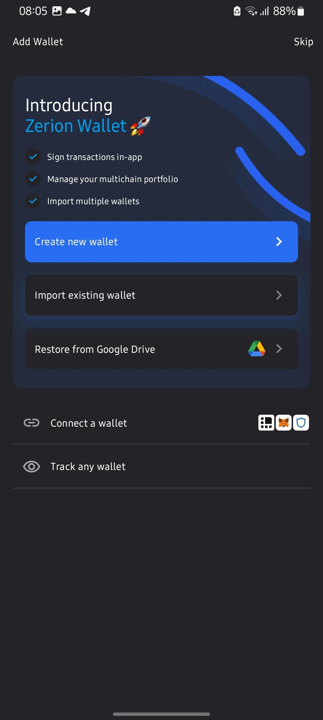 List of options Zerion provides for setting up your wallet