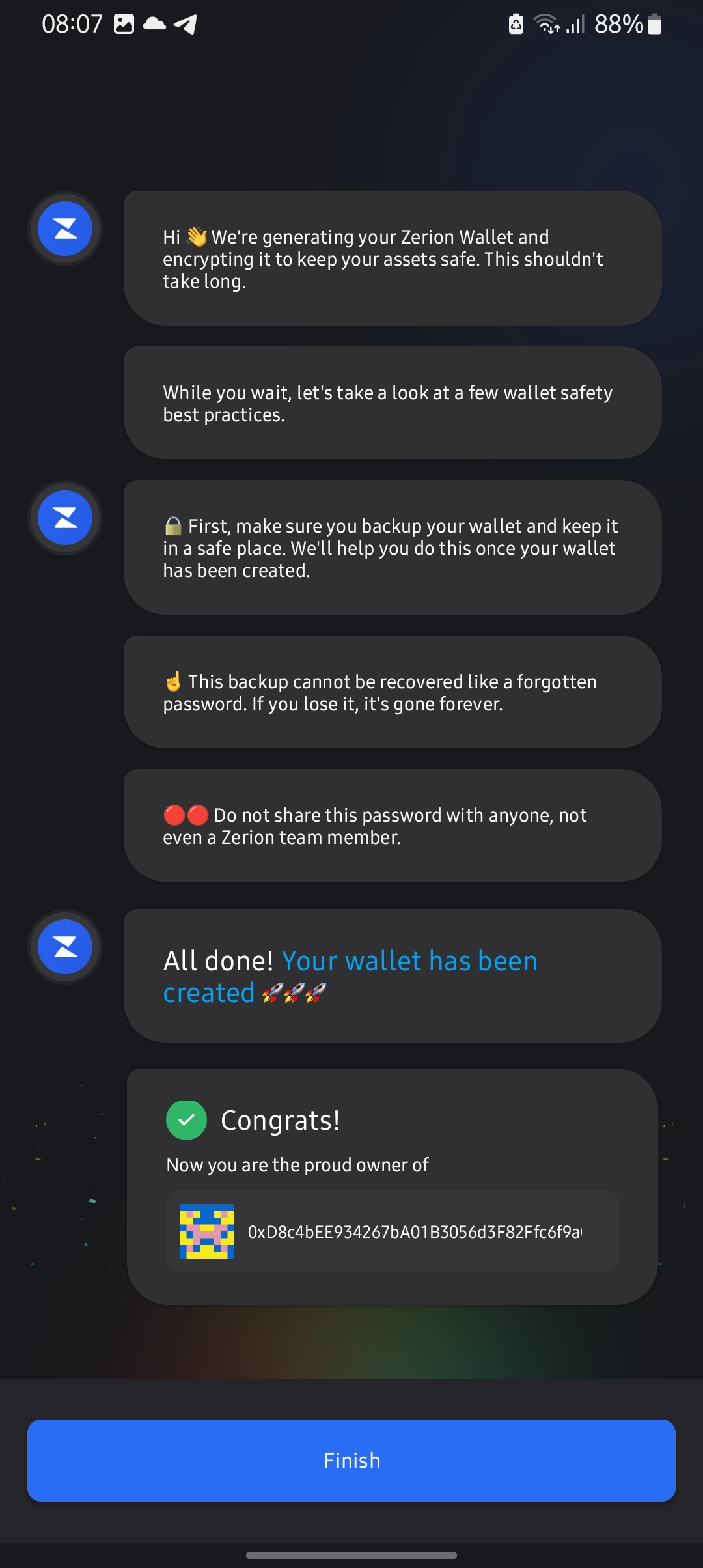 Zerion generating your wallet and its address