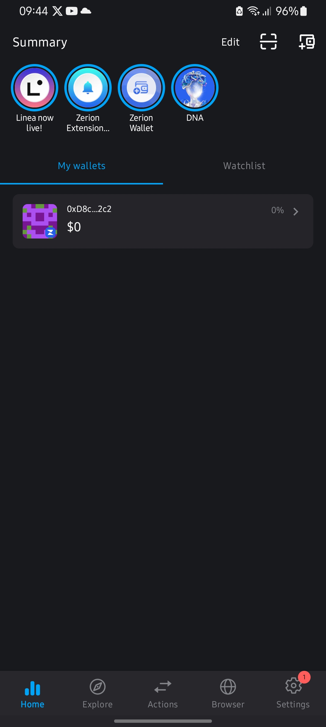 Home page on Zerion Mobile App