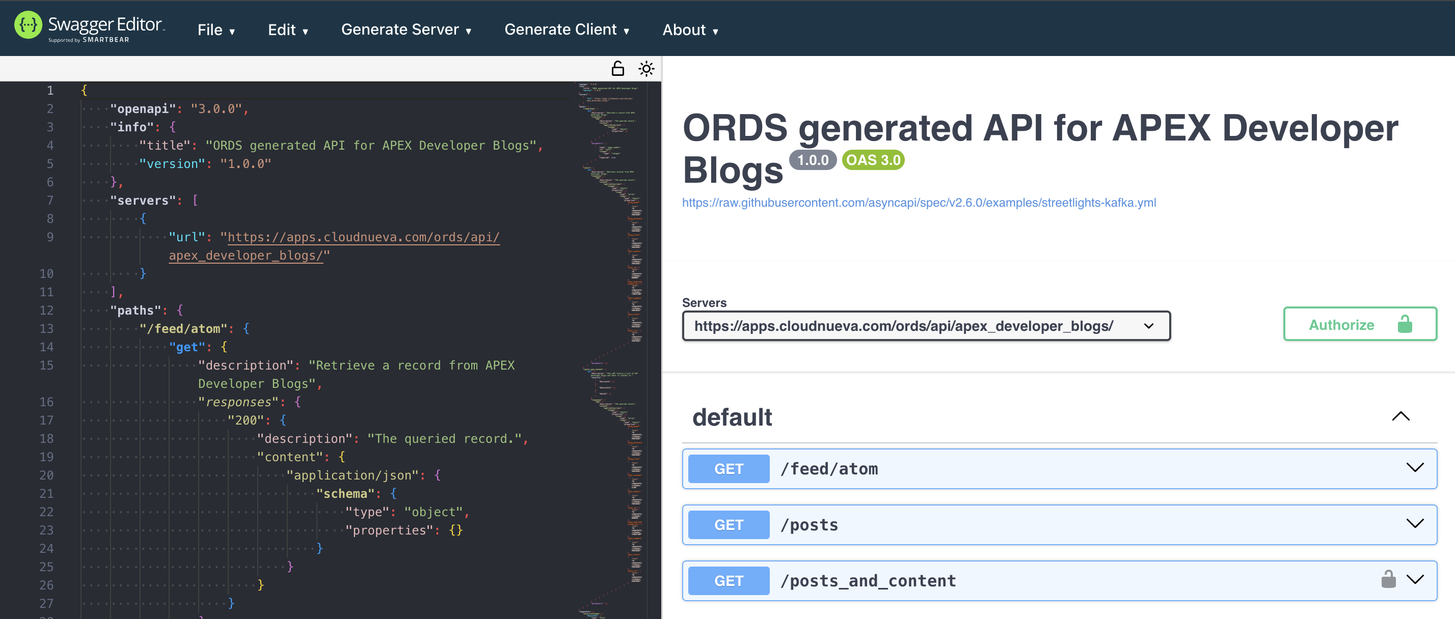 Swagger representation of ORDS REST APIs.