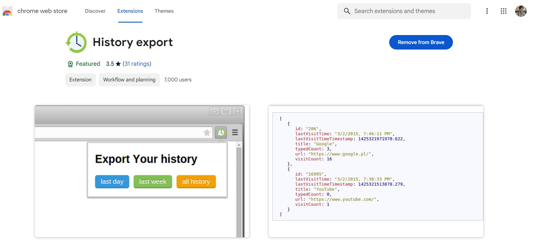 Screenshot of History export extension.
