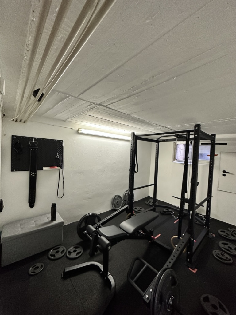 Homegym in the basement with a rack, bench and plates lying around.