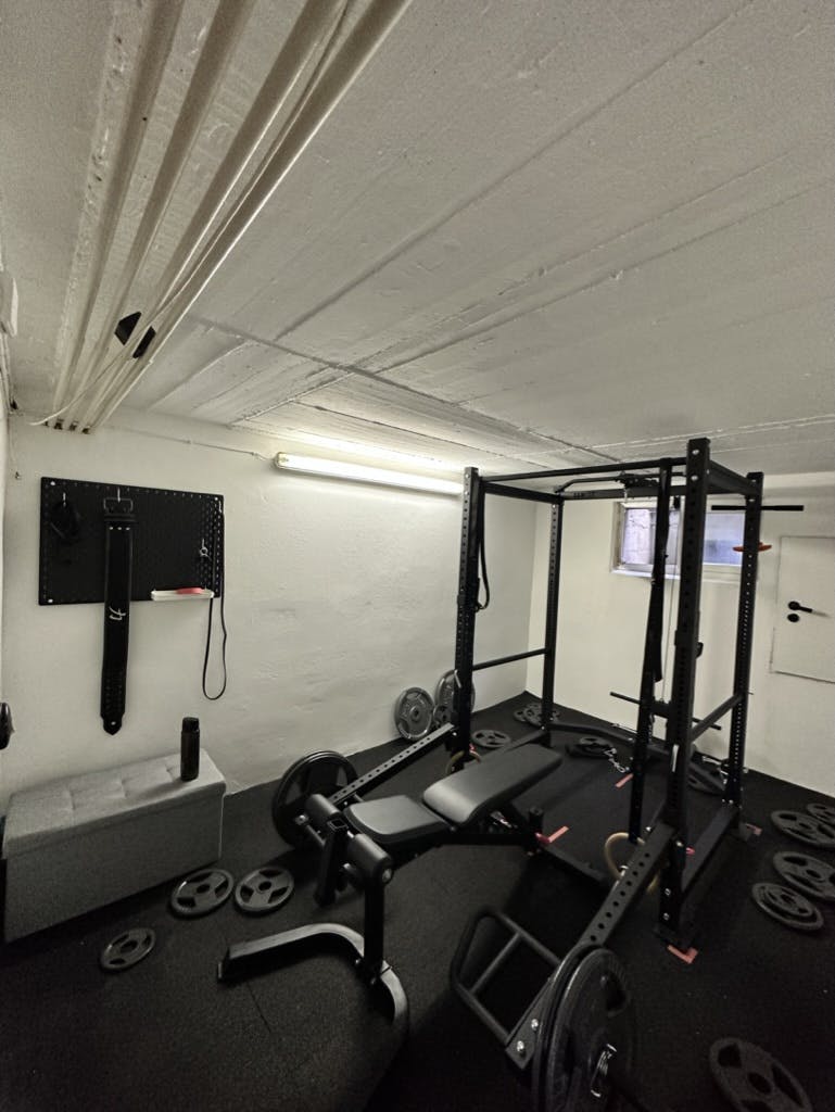 Homegym in the basement with a rack, bench and plates lying around.