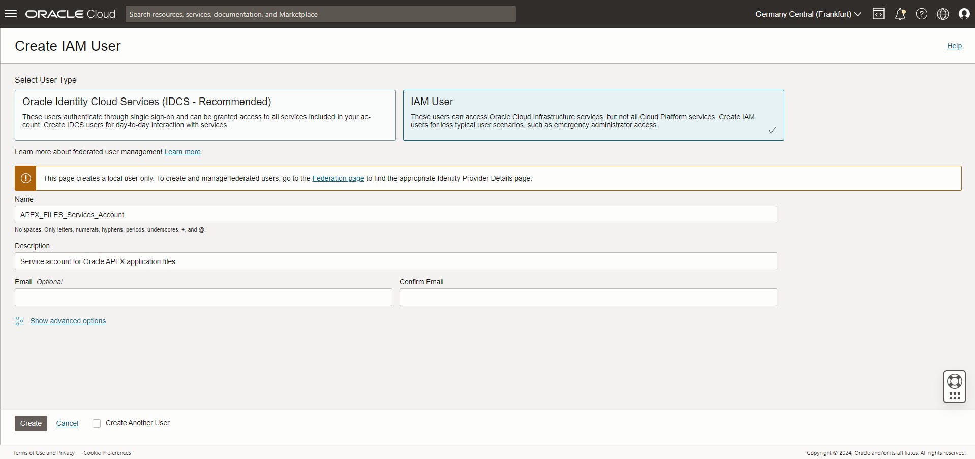 Screenshot of the create user page in the OCI console