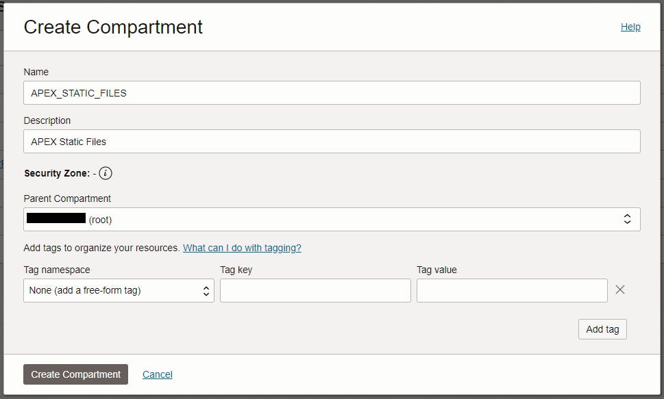Screenshot of the create compartment page in the OCI console