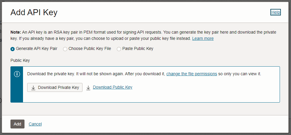 Screenshot of the add API key page in the OCI console