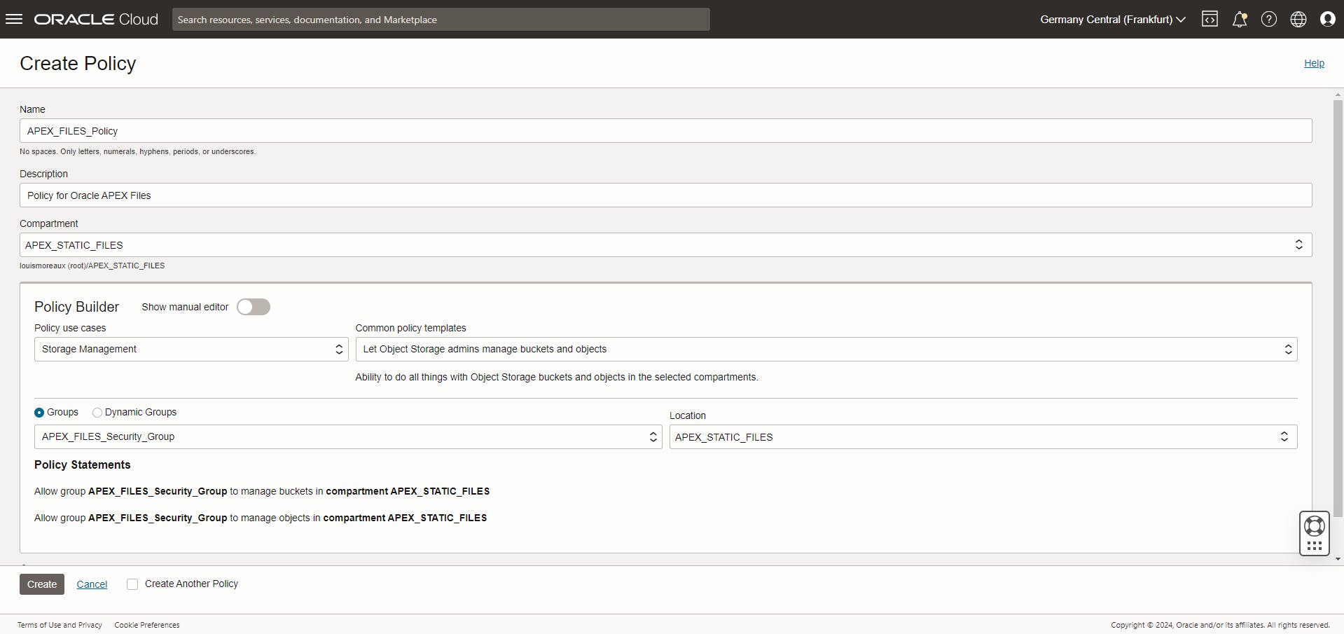 Screenshot of the create policy page in the OCI console