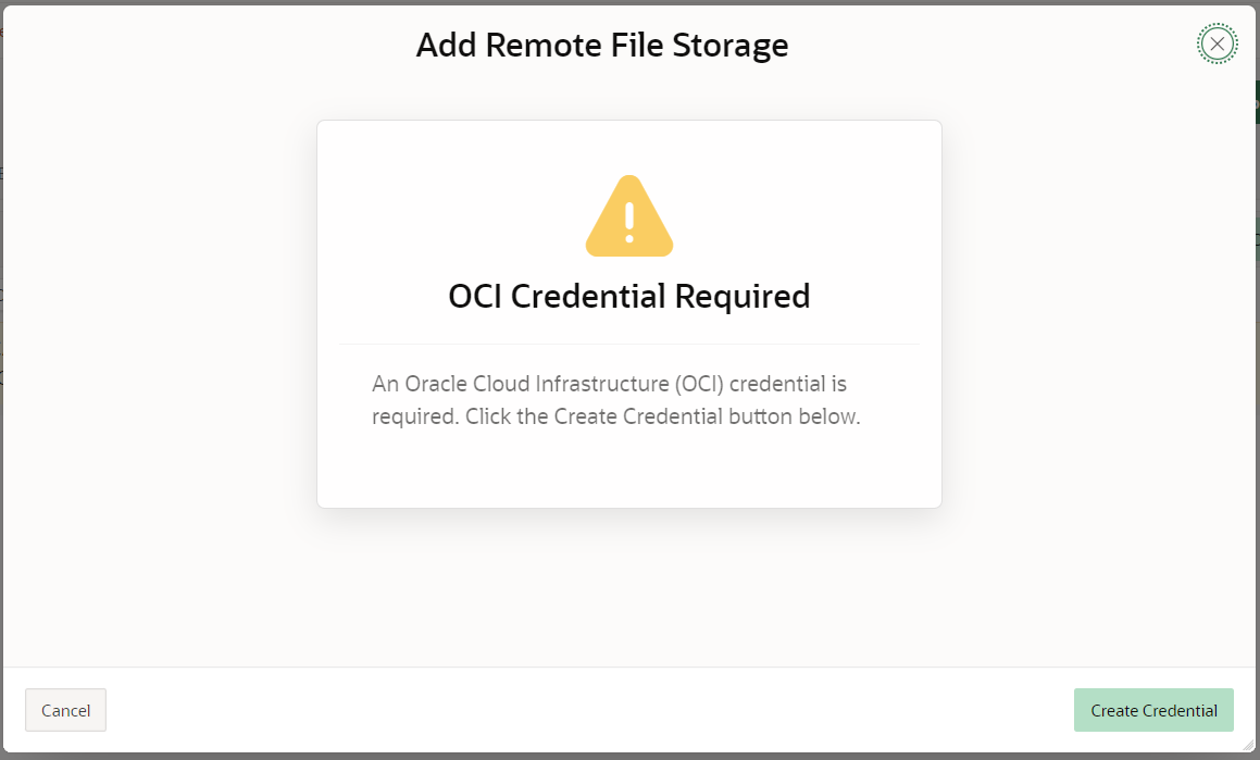 Screenshot of the add remote storage showing missing credential in the Oracle APEX Builder