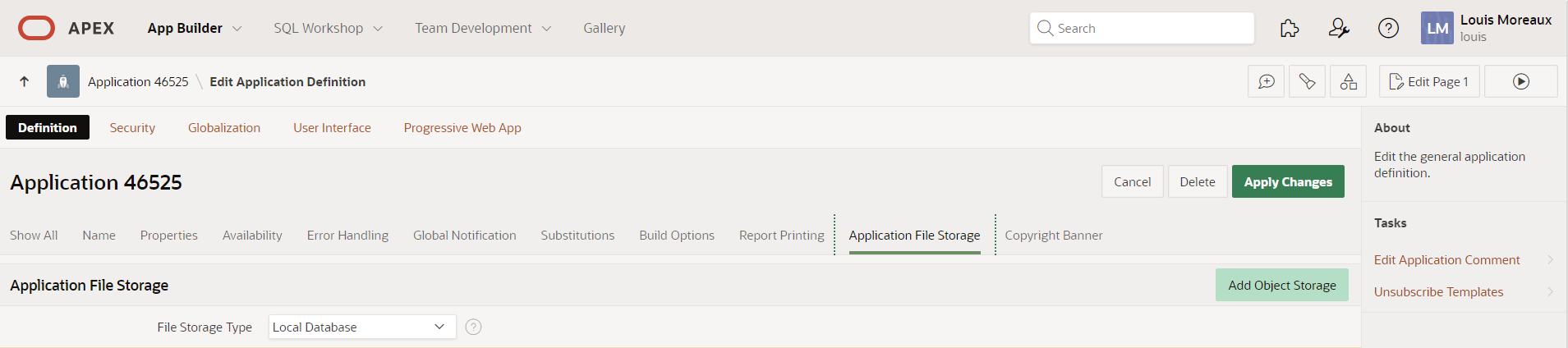 Screenshot of the Application Definition in the Oracle APEX Builder