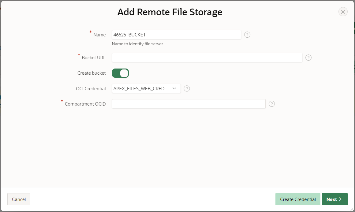 Screenshot of the Add Remote File Storage in the Oracle APEX Builder