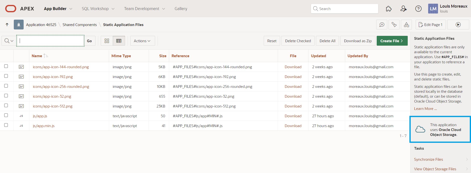 Screenshot of the Static Application Files in the Oracle APEX Builder
