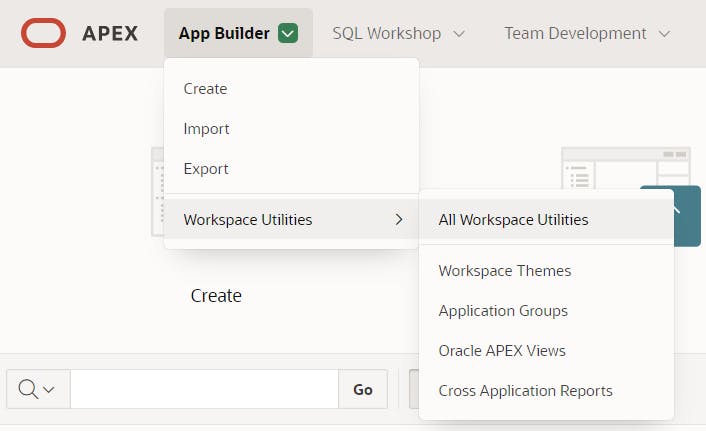 Screenshot of the top menu bar in the Oracle APEX Builder