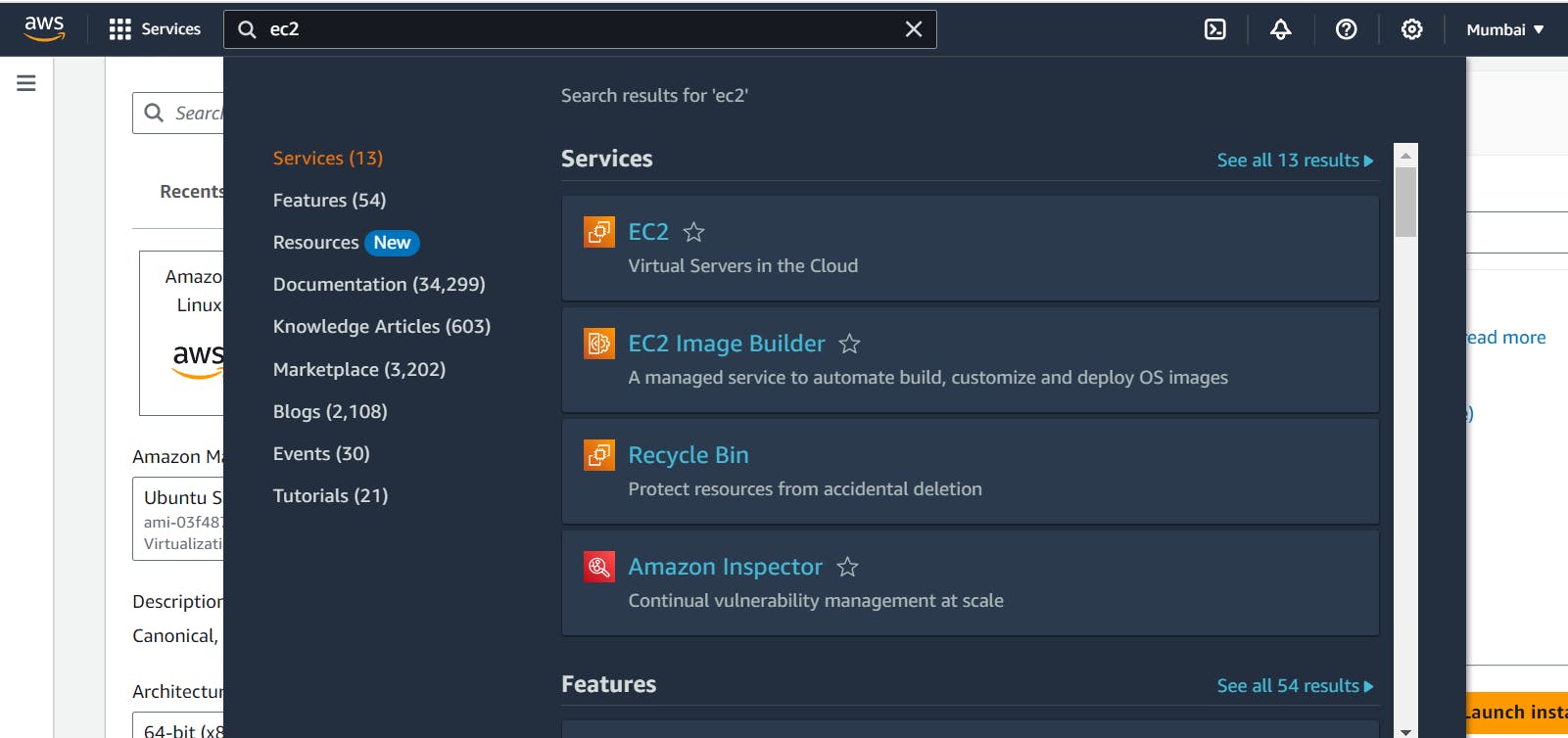 search EC2 on the search bar