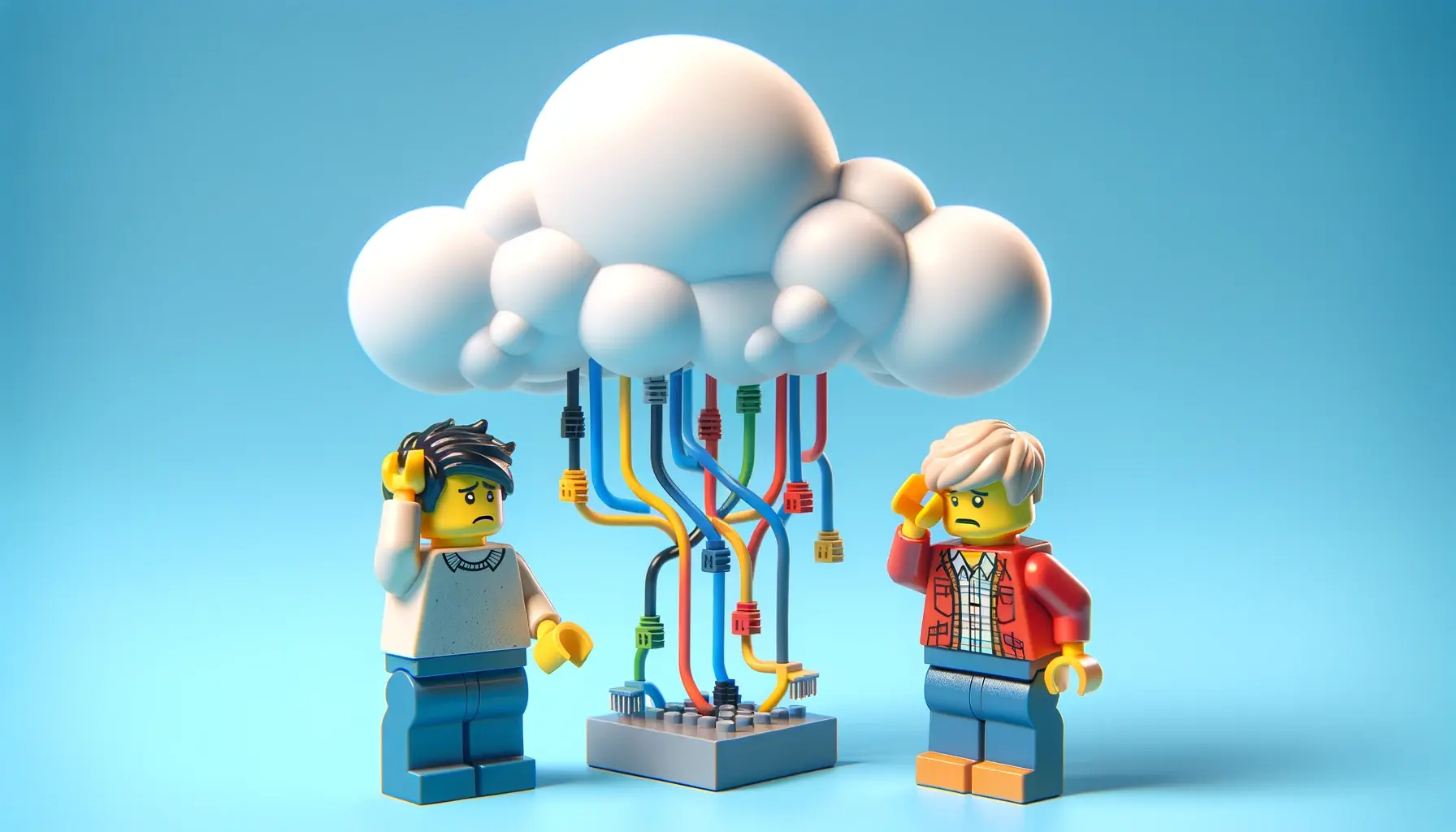 The image depicts a Lego man, standing and scratching his head with a puzzled expression. He is looking at a cloud network, and is very confused.
