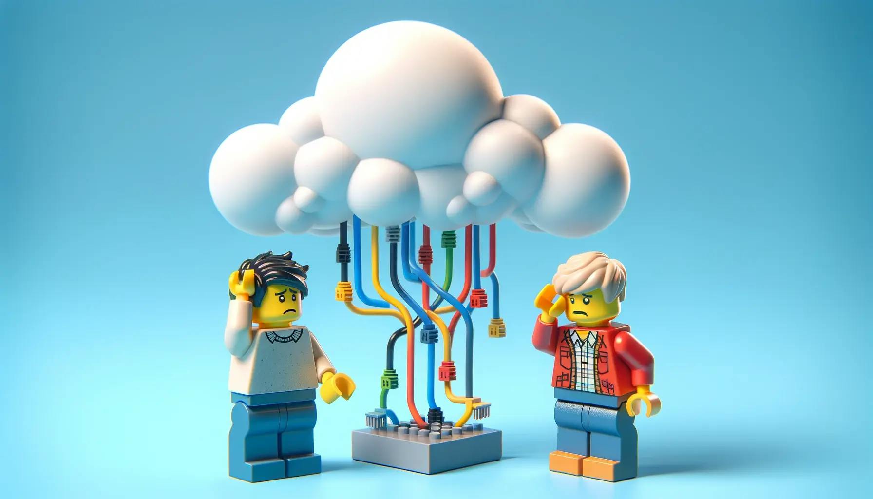 The image depicts a Lego man, standing and scratching his head with a puzzled expression. He is looking at a cloud network, and is very confused.