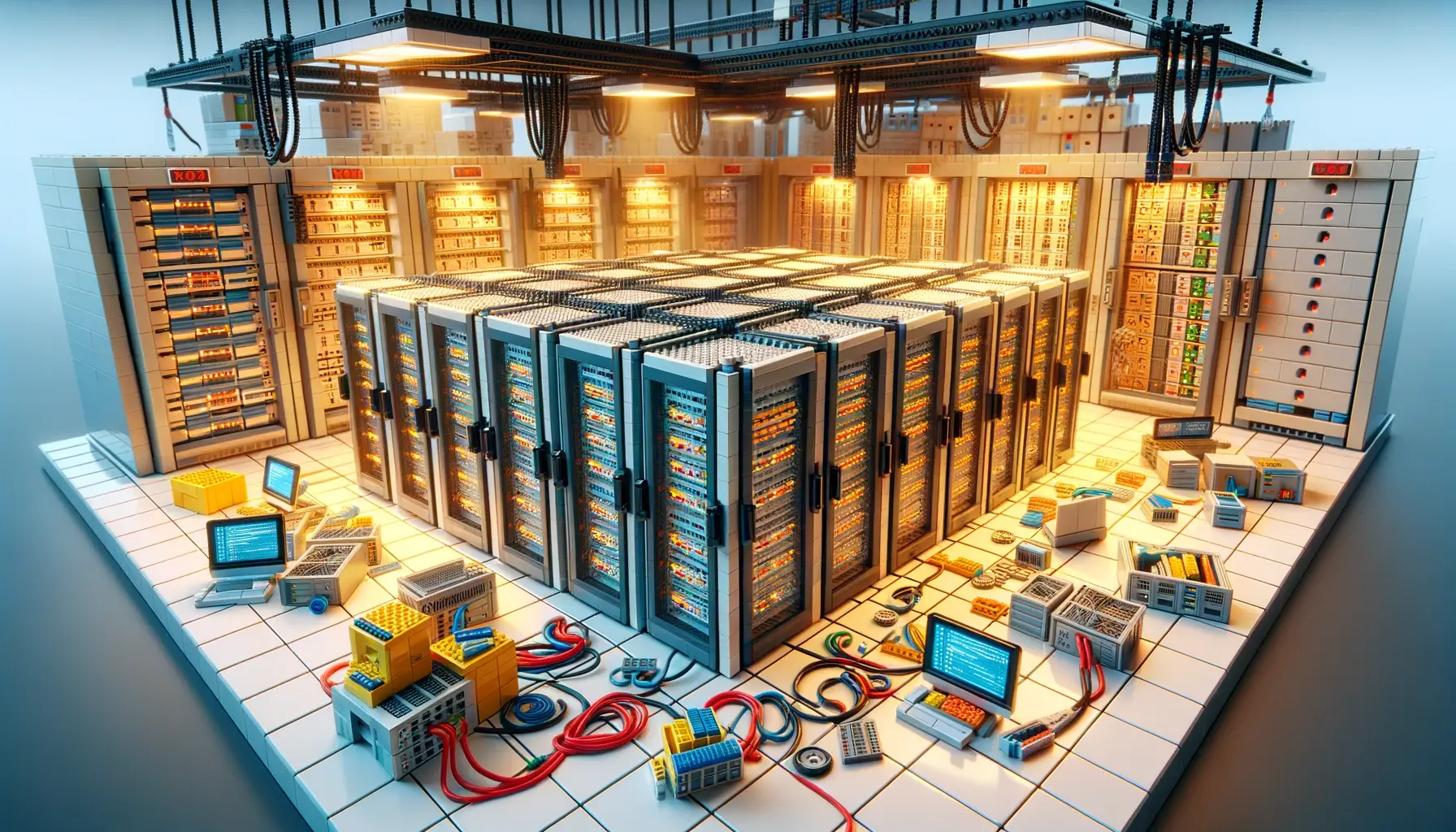 The image shows a Lego datacenter. It's a busy scene with miniature Lego computer storage units, servers, and network components.