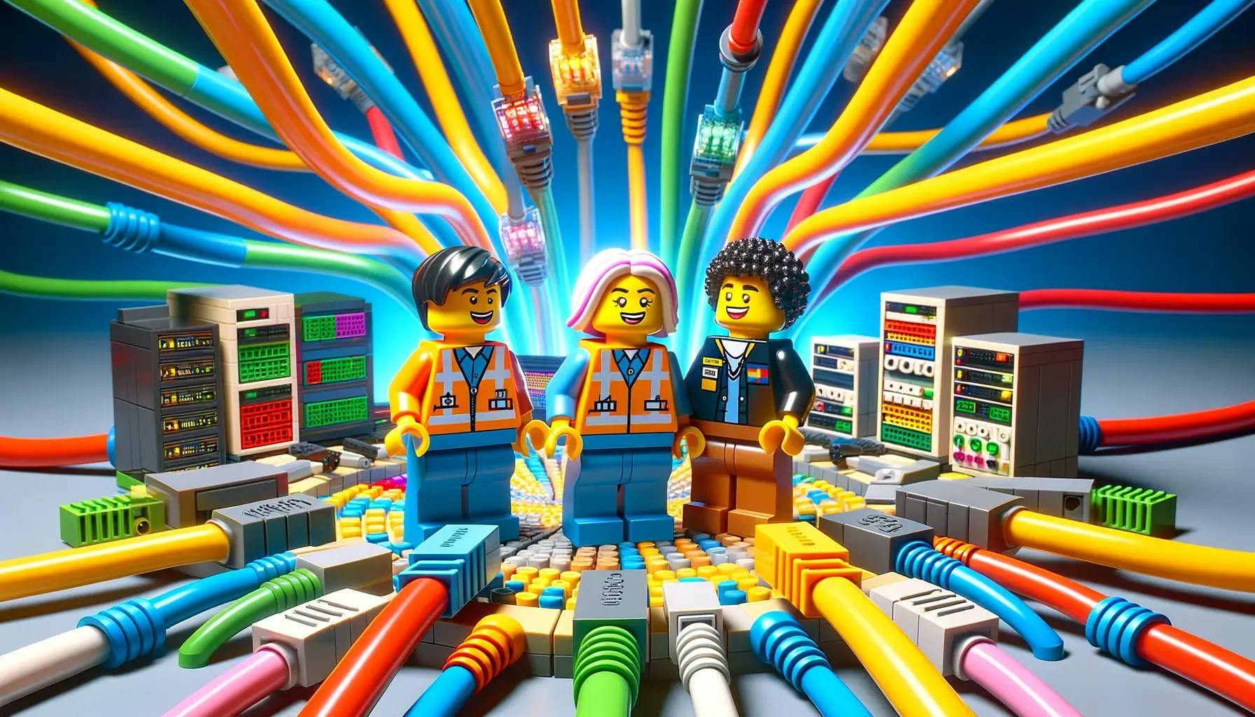 An image depicting many cables and connections coming together to form the connectivity within cloud, with 3 lego type network engineers looking happy.