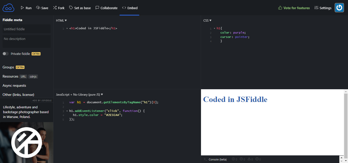 Jsfiddle Console