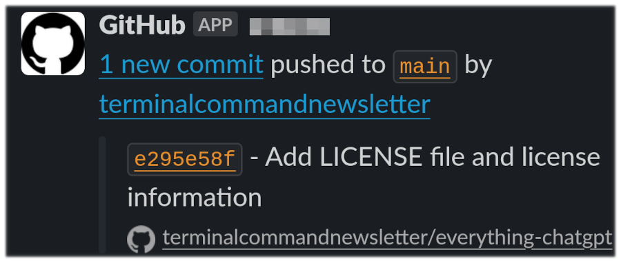 Slack message from “GitHub” app showing details of commit