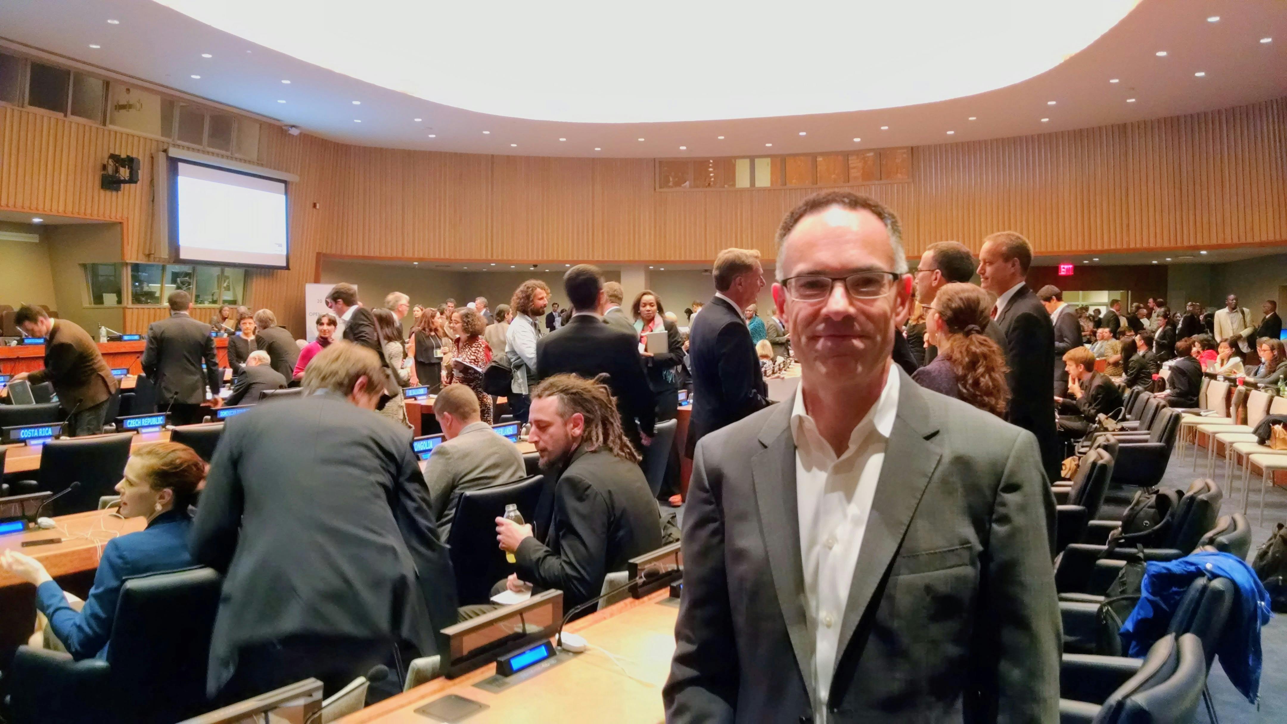 A photo of me in a large conference room at the United Nations headquarters