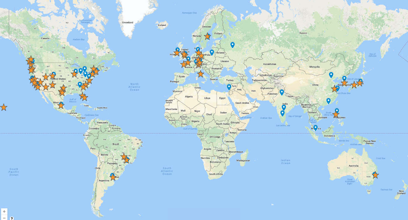 a global map with pins for the many places I've visited in 20+ years of work travel