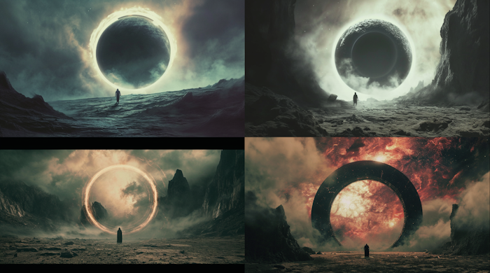 Cinematic Medium Shot, mysterious human, circular portal in an alien wasteland leading towards a nebula, in the style of biblical drama, monumental figures, voluminous mass Midjourney