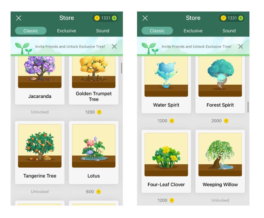 Two screenshots of the virtual store where you can buy trees and plants for coins.