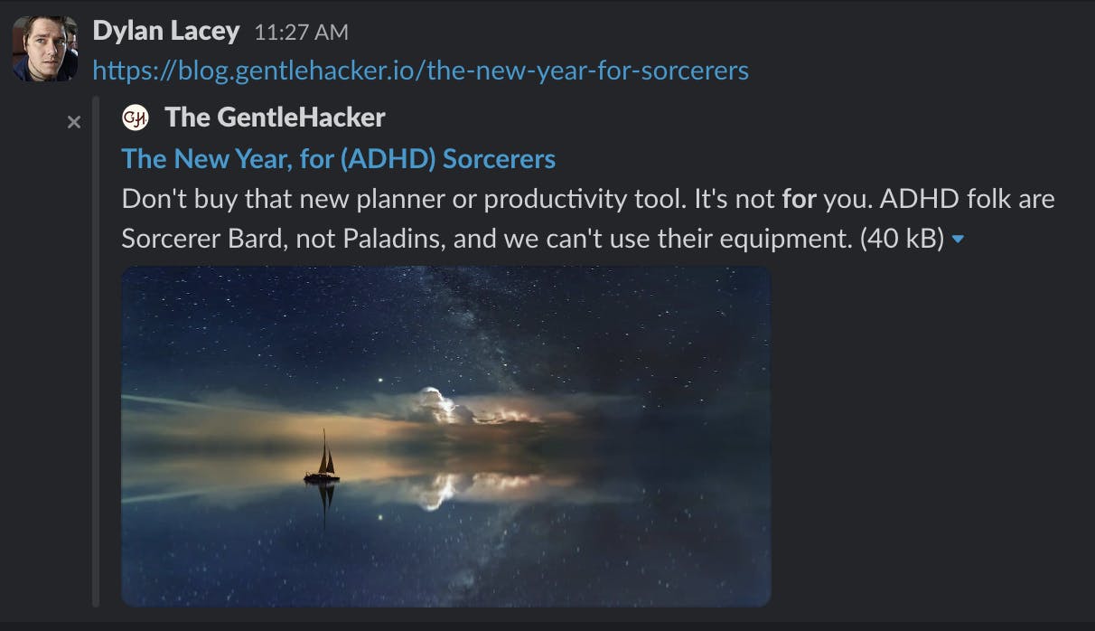 A Link Preview for the GentleHacker article "The New Year, for ADHD Sorcerers", displayed in Slack.