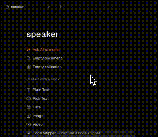 Demo of BaseHub modeling a speaker component with the prompt "model speaker with name, company, title, bio, image"