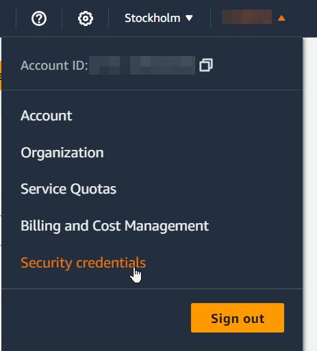 security credentials menu screenshot