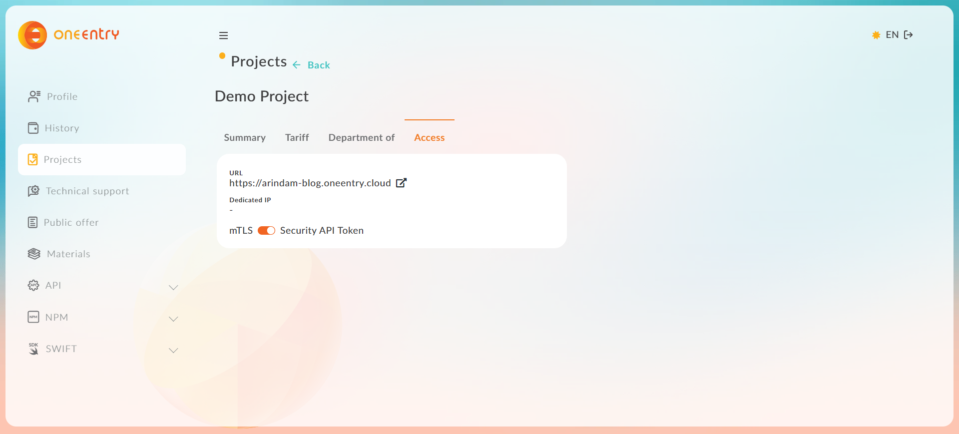 A screenshot of creating a project in oneentry headless cms