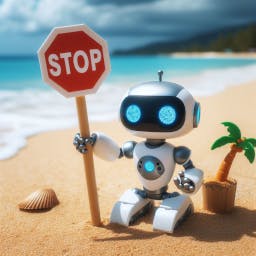 small robot on beach holding a stop sign