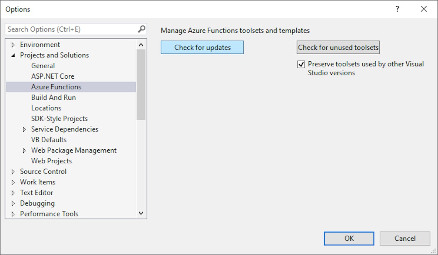 Fixing 'There is no Functions runtime available' in Visual Studio
