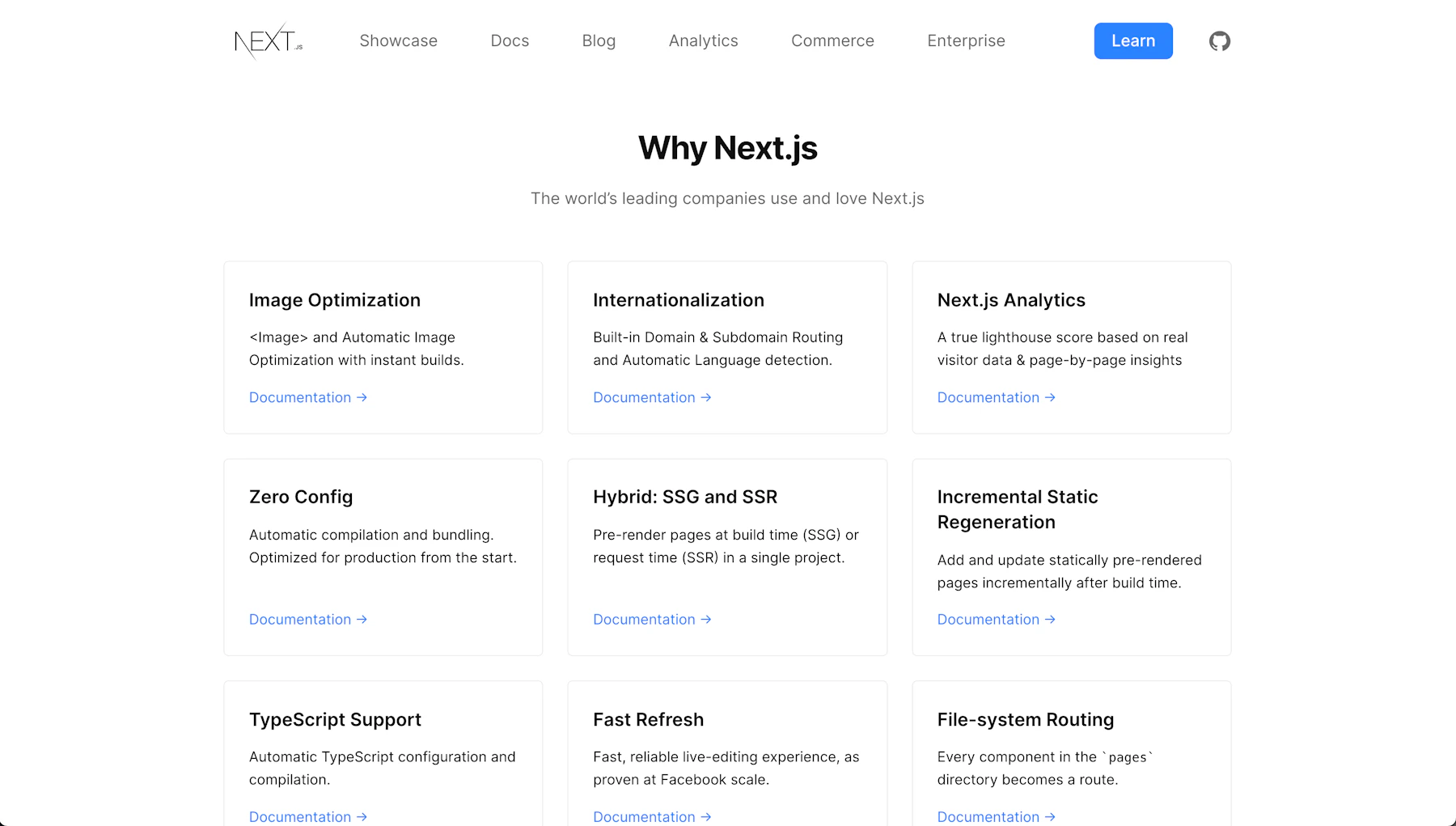 Next.js homepage features list