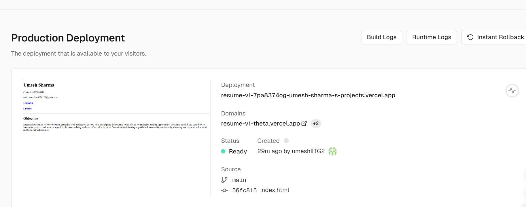 Created  my personal resume website using  HTML