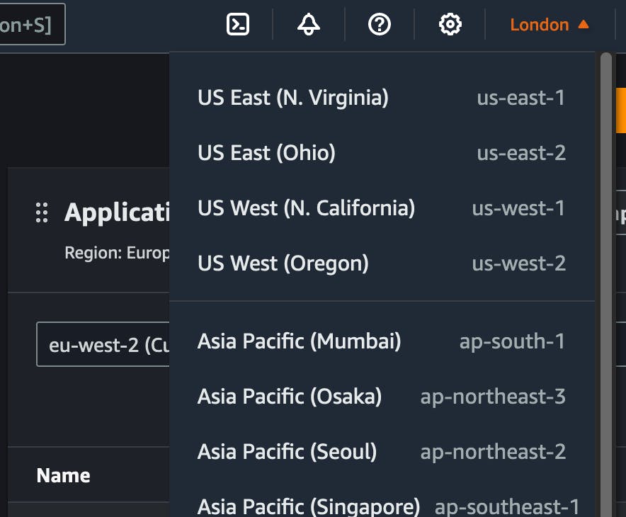 Image displaying the various regions we can create resources in AWS. In this example, we're in London, but can see other regions such as North Virginia and Ohio.