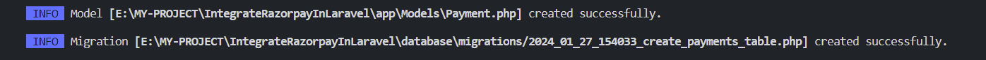 migration for create payment table in razorpay integration in laravel
