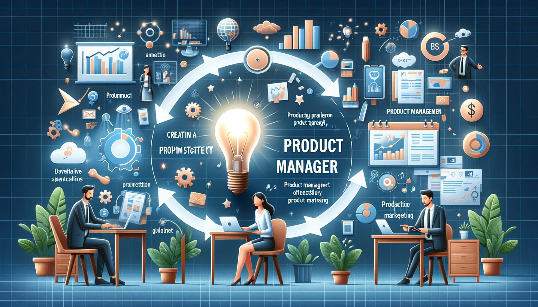Three-part illustration depicting the roles of a product manager: brainstorming for product strategy, overseeing product lifecycle with charts and graphs, and presenting a product for marketing in a modern office setting.