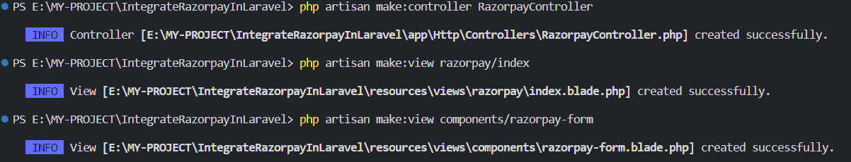view and controller creation in razorpay integration in laravel